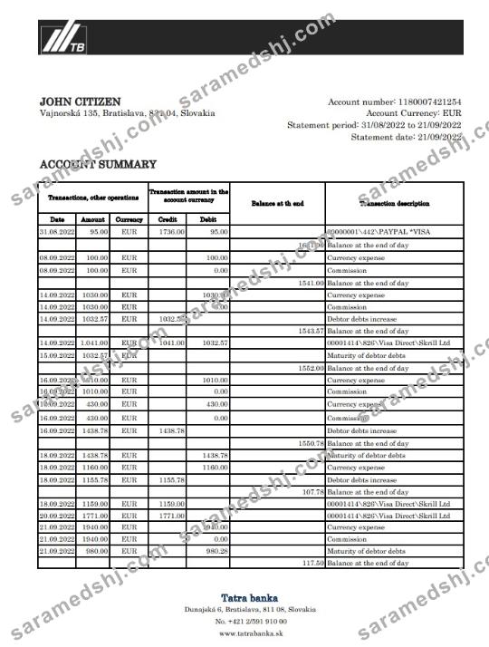 Slovakia Tatra bank statement xls VERSION 2